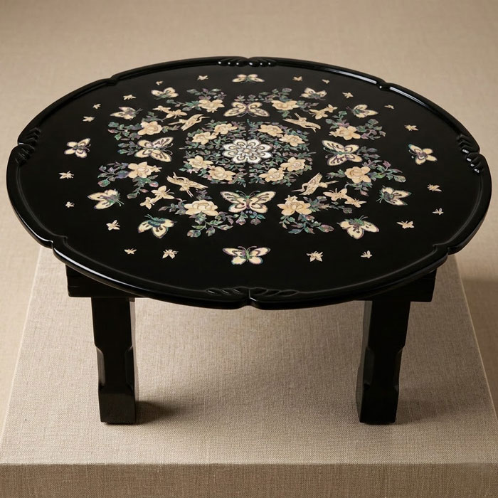 韓国螺鈿漆塗り丸お膳鶴と花柄中 テーブル・お膳丸型 夢市場本店【韓国