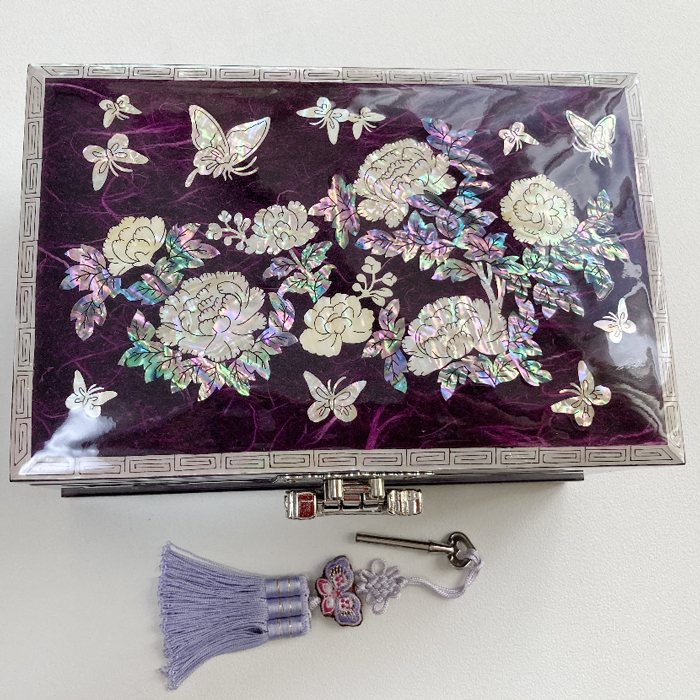 韓国螺鈿宝石箱7牡丹ジュエリーボックス鍵付き2段(パープル) 名刺入