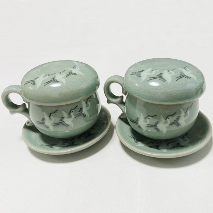 韓国青磁コーヒーカップ兼茶器鶴2客8ピース 茶器・コーヒーカップ 夢