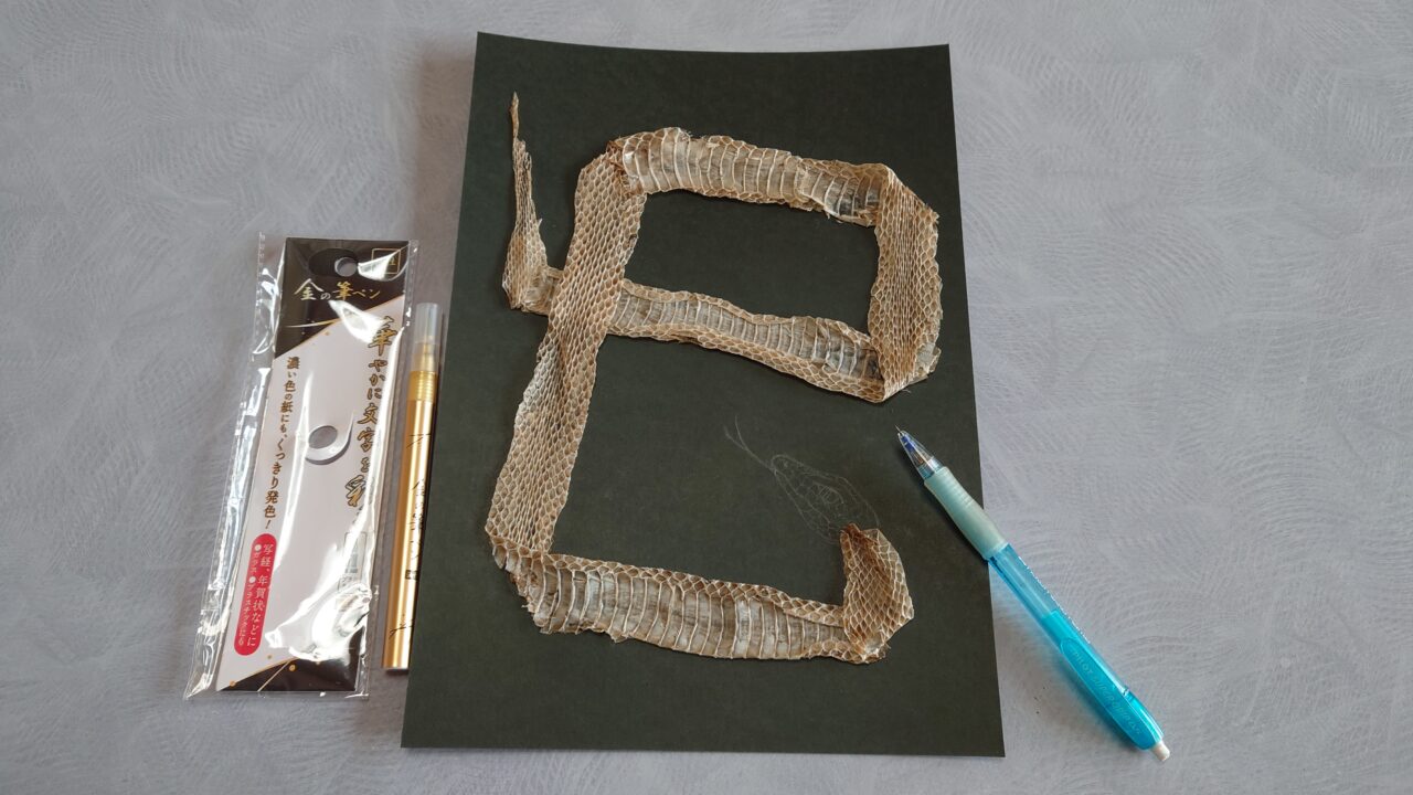 畑で拾った蛇の抜け殻で干支『巳』の形を作りラミネートしてみた