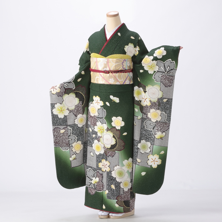 f0618129r】【グリーン系】振袖 レンタル フルセット Lサイズ 【状態:A