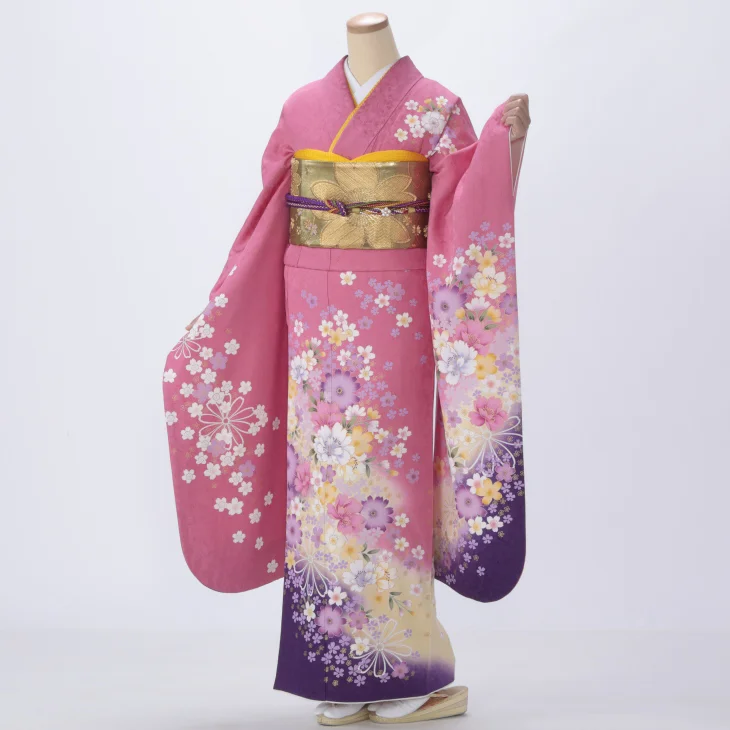 ☆中古品☆振袖 単品 正絹 白系ピンク花模様B級品振袖 ☆