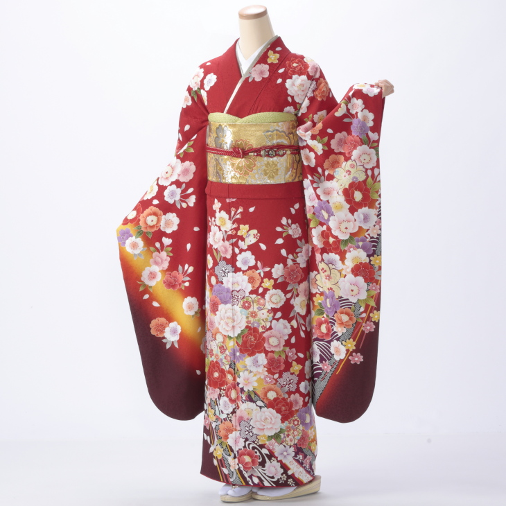 振袖6点セット☆振袖☆成人式☆着物☆裄66.5cm☆赤☆古典☆中古 S-101