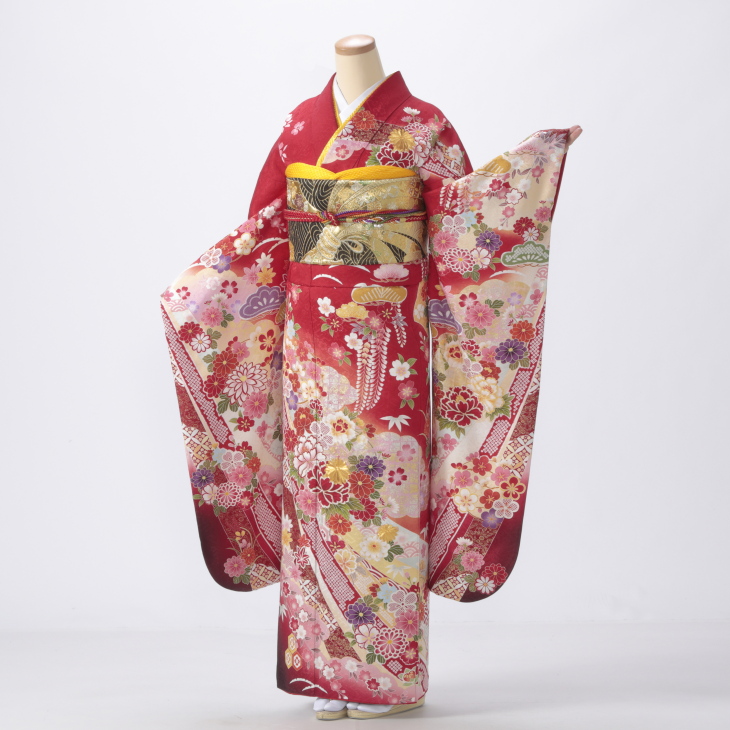 f0715143r】【赤・ワイン系】振袖 レンタル フルセット Mサイズ 【状態