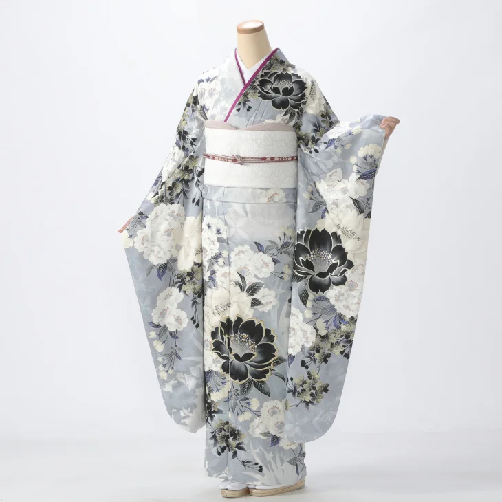 f0525355r】【白・グレー系】振袖 レンタル フルセット Lサイズ 【状態
