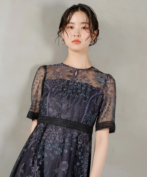 Kana ドレス シック フラワー刺繍 ラダーレース フレア パーティー