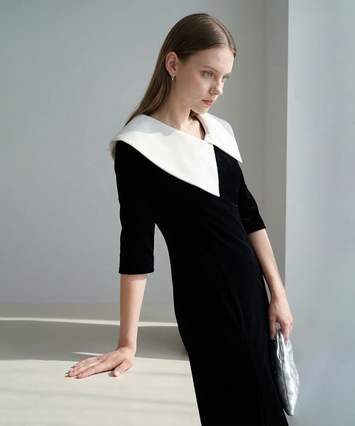 Leja（レジャ） ドレス 「LEJA」配色アシンメトリービッグカラーベロア