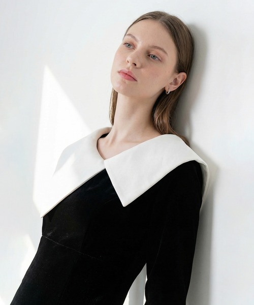 Leja（レジャ） ドレス 「LEJA」配色アシンメトリービッグカラーベロア