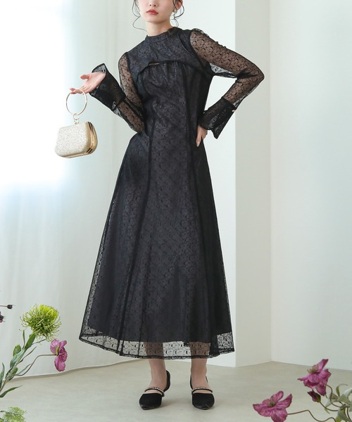 Kana ドレス 幾何学柄 レース バックオープン ワンピース パーティー