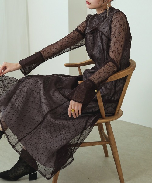 Kana ドレス 幾何学柄 レース バックオープン ワンピース パーティー