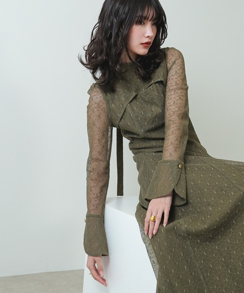 Kana ドレス 幾何学柄 レース バックオープン ワンピース パーティー