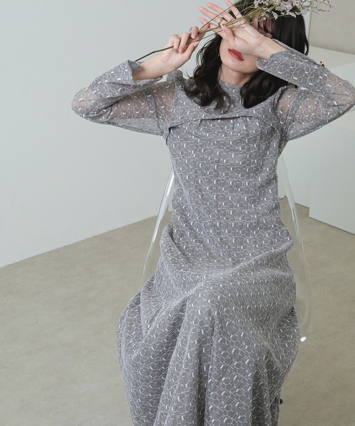 Kana ドレス 幾何学柄 レース バックオープン ワンピース パーティー