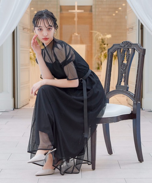 niana（ニアナ） ドレス ベルト付きボリューム袖メッシュワンピース