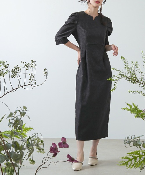 Kana ドレス ジャガード パフスリーブ ワンピース パーティー ドレス