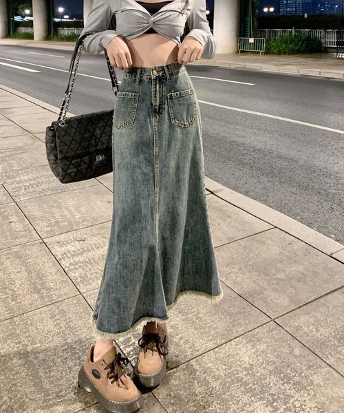 BLANC FICELLE デニムスカート 裾 フリンジ デニムスカート : ZOZOTOWN