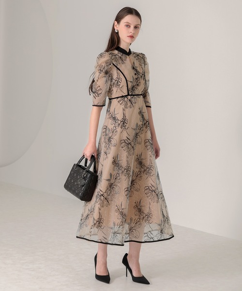 Leja（レジャ） ドレス 「LEJA」配色パイピングプチハイネック花柄刺繍