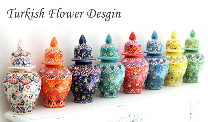 トルコ陶器 蓋つき壺 高さ25×直径11cm フラワーデザイン ネイビー