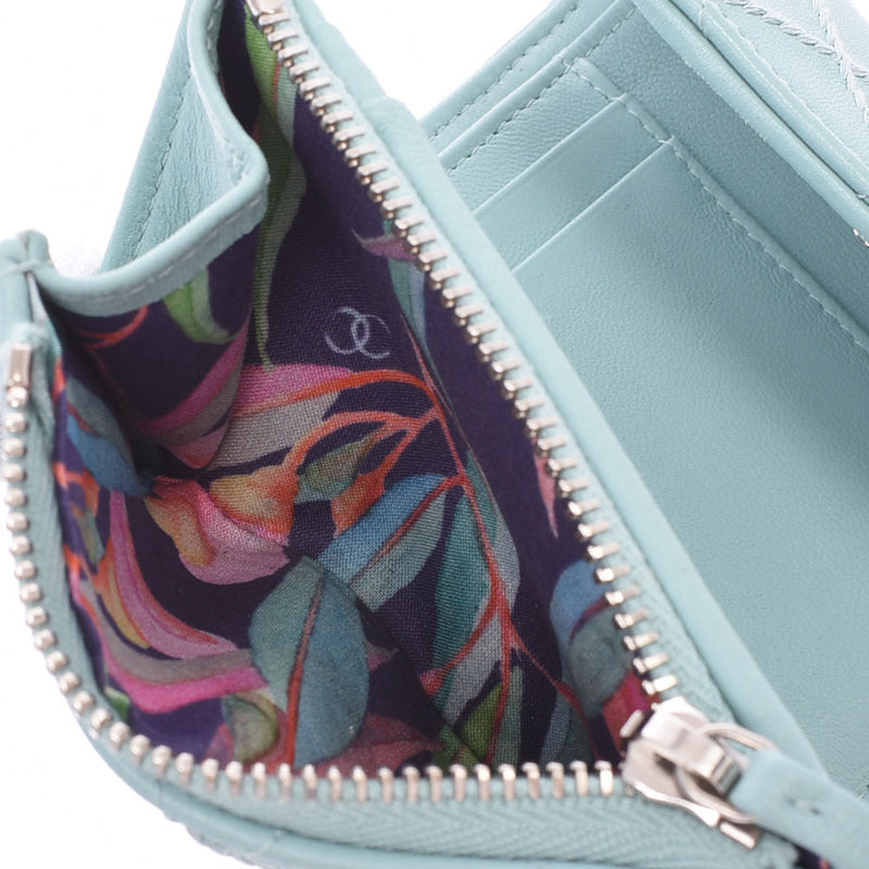 シャネルココマーク コンパクトウォレット 水色系 シルバー金具