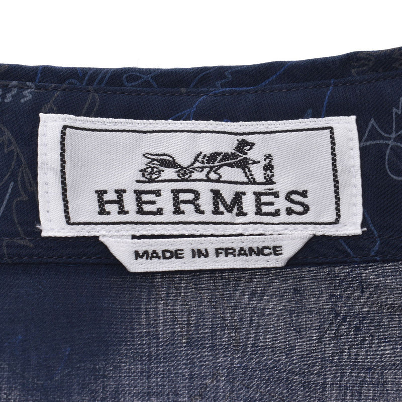 Hermes horse / dragon pattern dark blue men long sleeves shirt