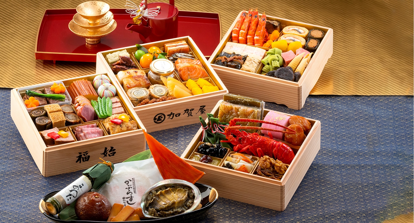 輪島塗】沈金牡丹彫 三段重箱 六五重 内朱塗 天然木 共 【