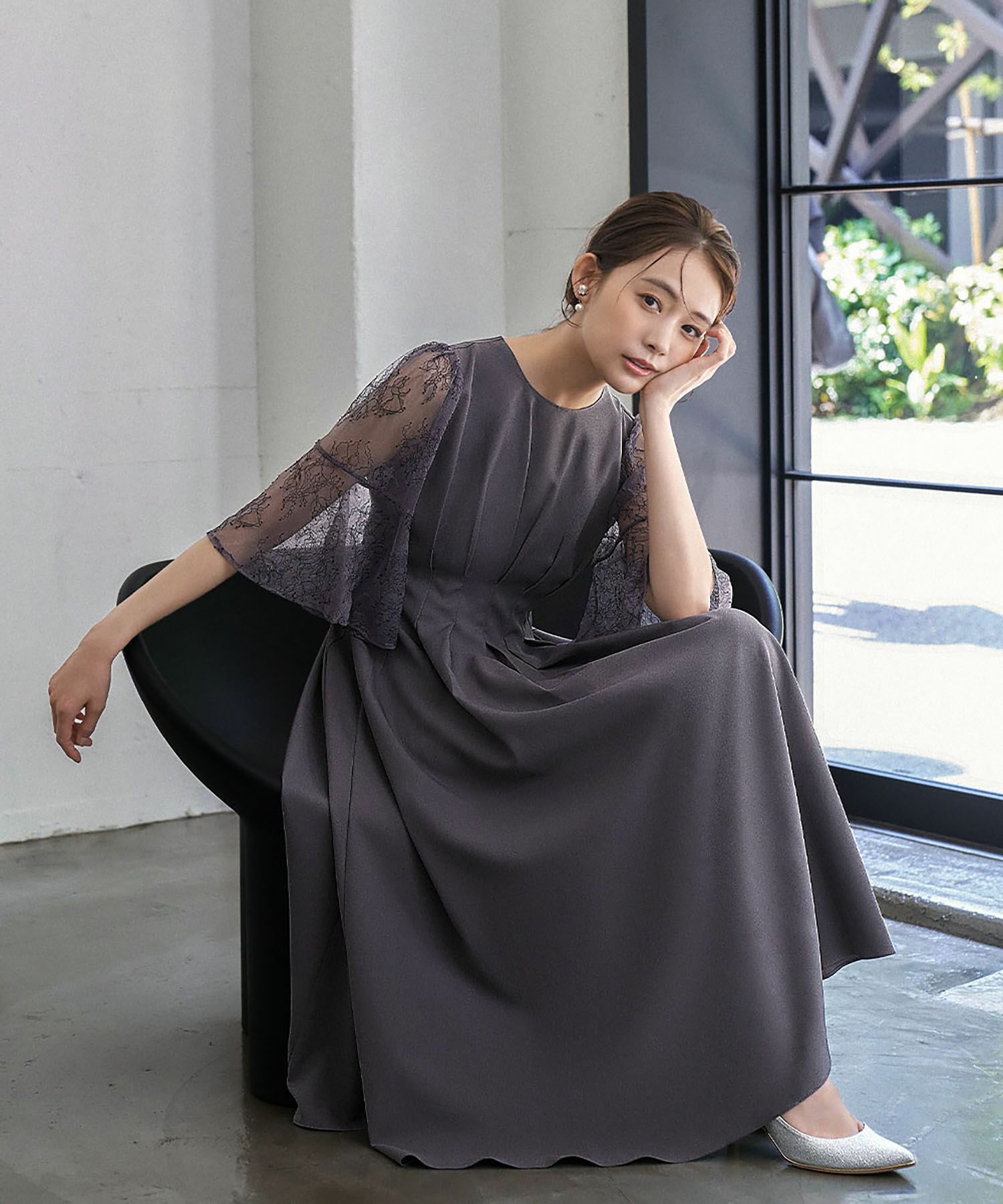 結婚式・お呼ばれ対応 |レース素材フレアスリーブXラインワンピース