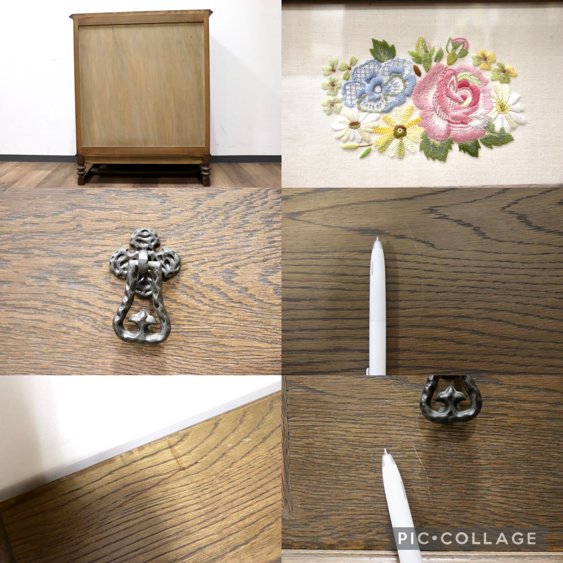 神戸洋家具/伊藤家具 電話台 FAX台 オーク無垢材 花図柄刺繍 神戸洋