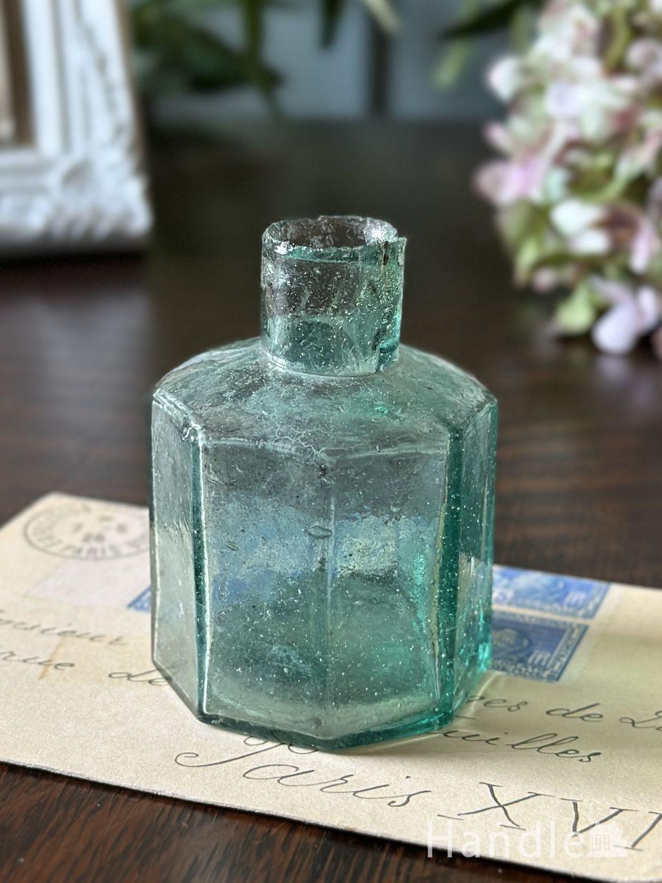 アンティークのガラスボトル、エンボス入りのガラス瓶(LINCEED