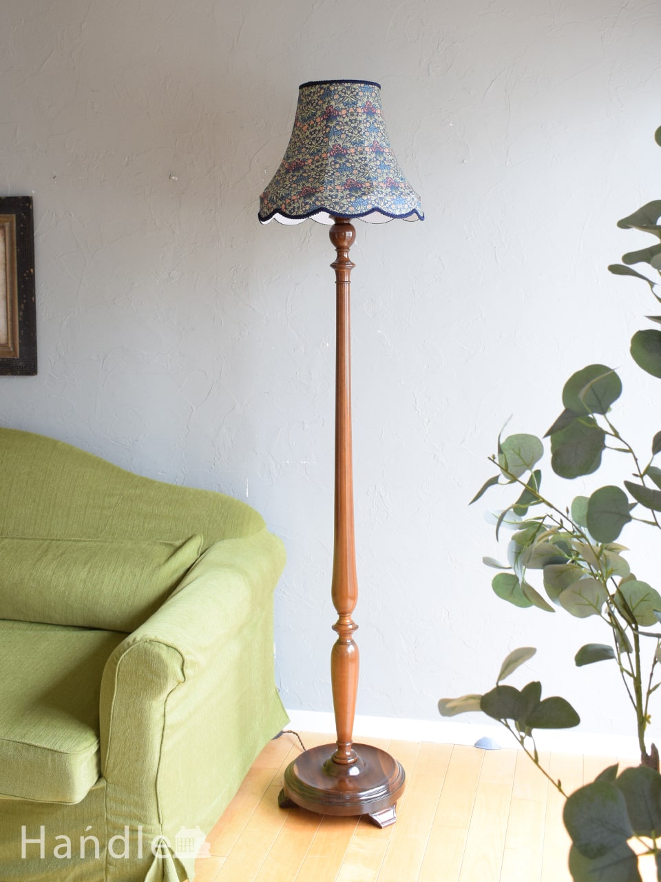 イギリスのアンティークスタンド照明、布シェードのフロアランプ(k