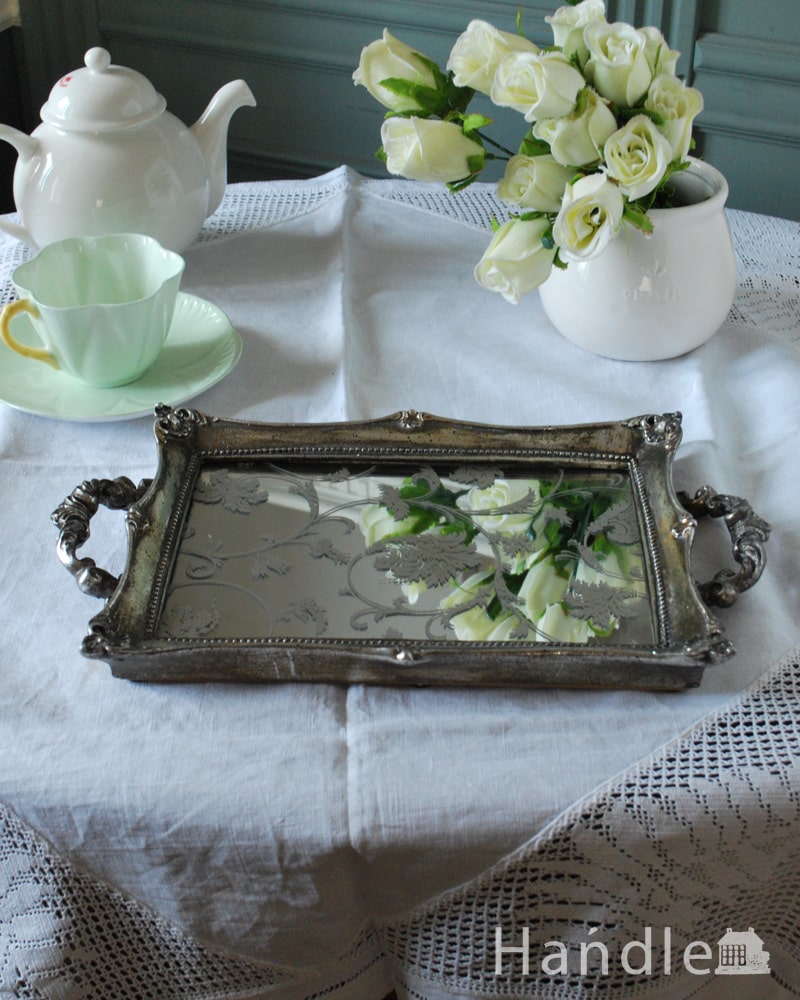 アンティーク調のおしゃれな雑貨、ミラートレイ（シルバー）(n12-381