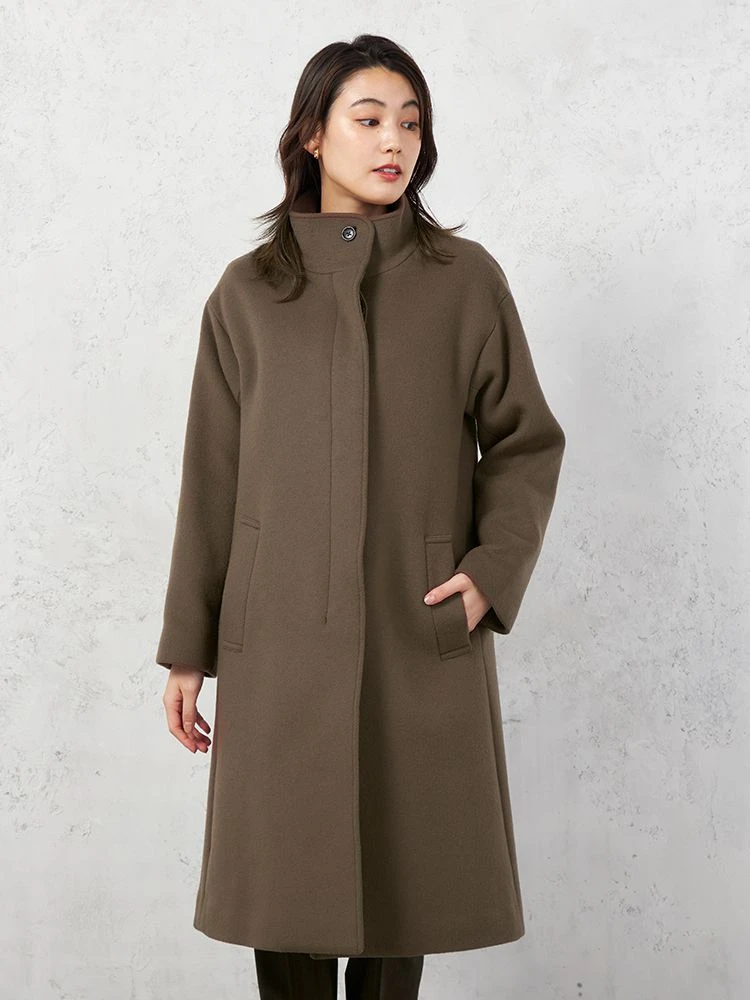 D．ブラウン 【MANTECO】スタンドカラーコート ウール混 インポート