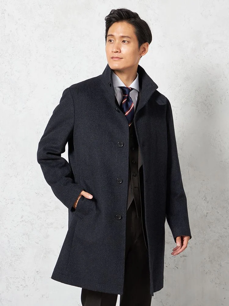 ネイビー 【ウール混】ステンカラーコート 尾州産ウール使用 ラグラン