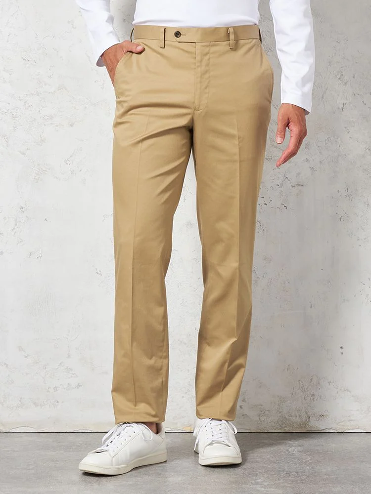 ベージュ 【ノータック】チノパン 折り目加工 無地 カジュアルパンツ