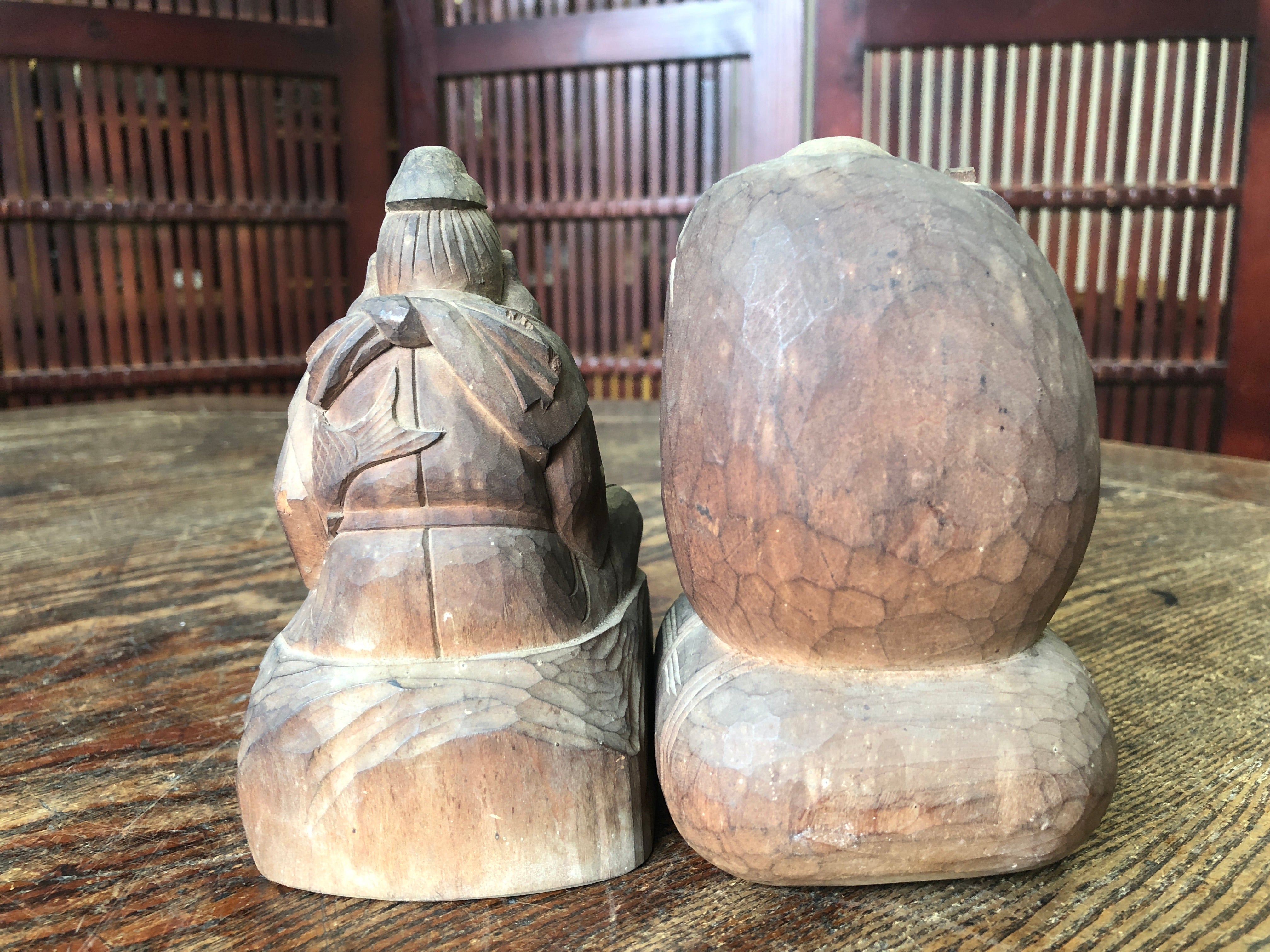 Y3371 STATUE Wood carving Ebisu Daikoku figure signed Japan