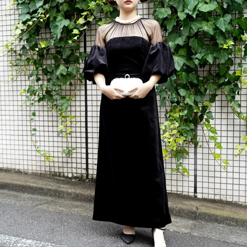 ameri SOUFFLE SLEEVE VELOUR DRESS 【公式通販】