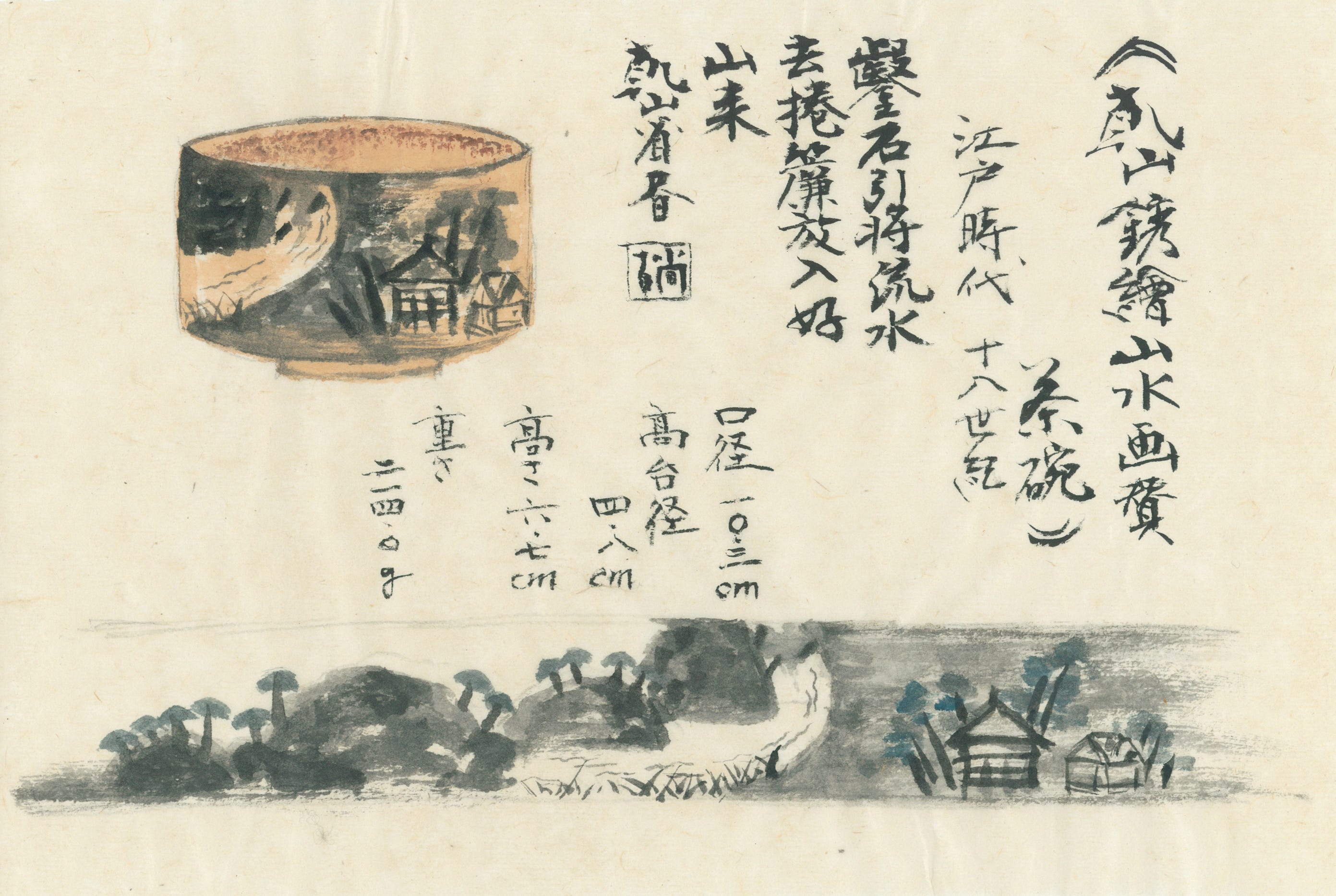 美濃乾山窯 初代 水野秋艸 作 乾山省銘 山水画賛 茶碗 共箱 共布