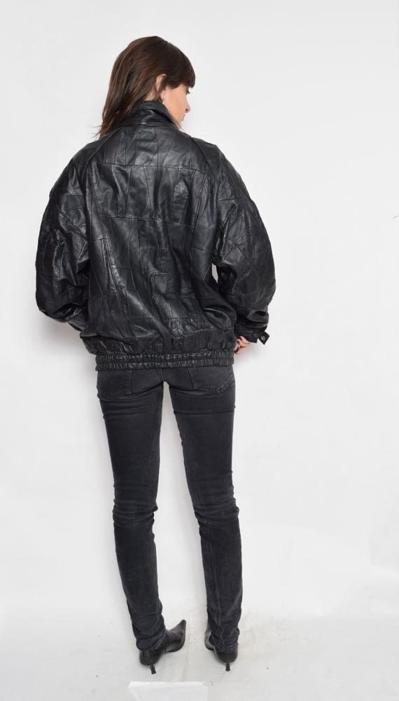 Vintage 80s Patchwork Real Leather Bomber Jacket: Black Genuine