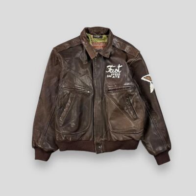 Vintage 80s Triangle Express Graphic Leather Bomber Jacket Brown