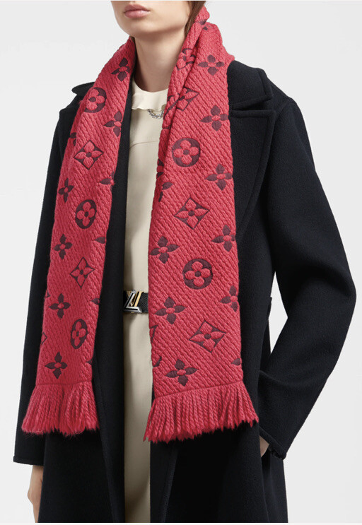 LOUIS VUITTON Logo Mania Ruby Red Wool Silk Muffler Brand 413287