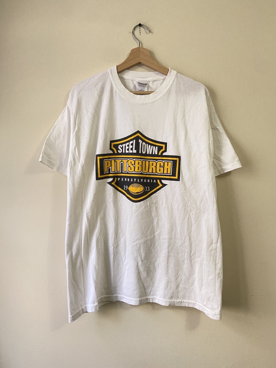 Vintage Pittsburgh Steelers Harley Davidson logo parody nfl white