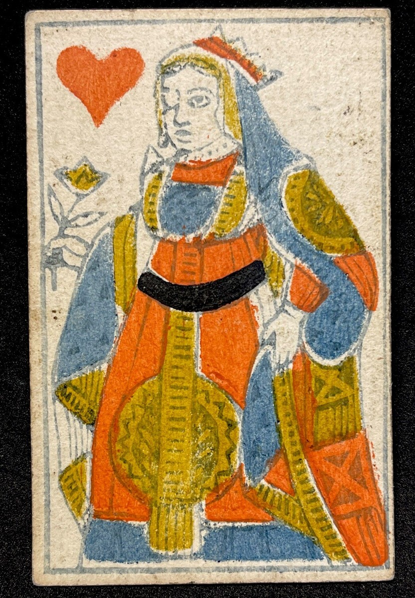 Queen of Hearts Woodblock Printed Antique Playing Cards Historic