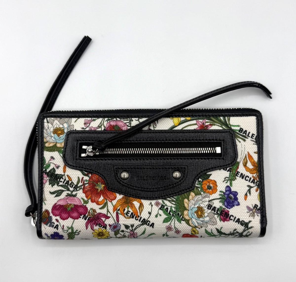 Gucci x Balenciaga Beige Black Canvas Leather Floral Zip Around