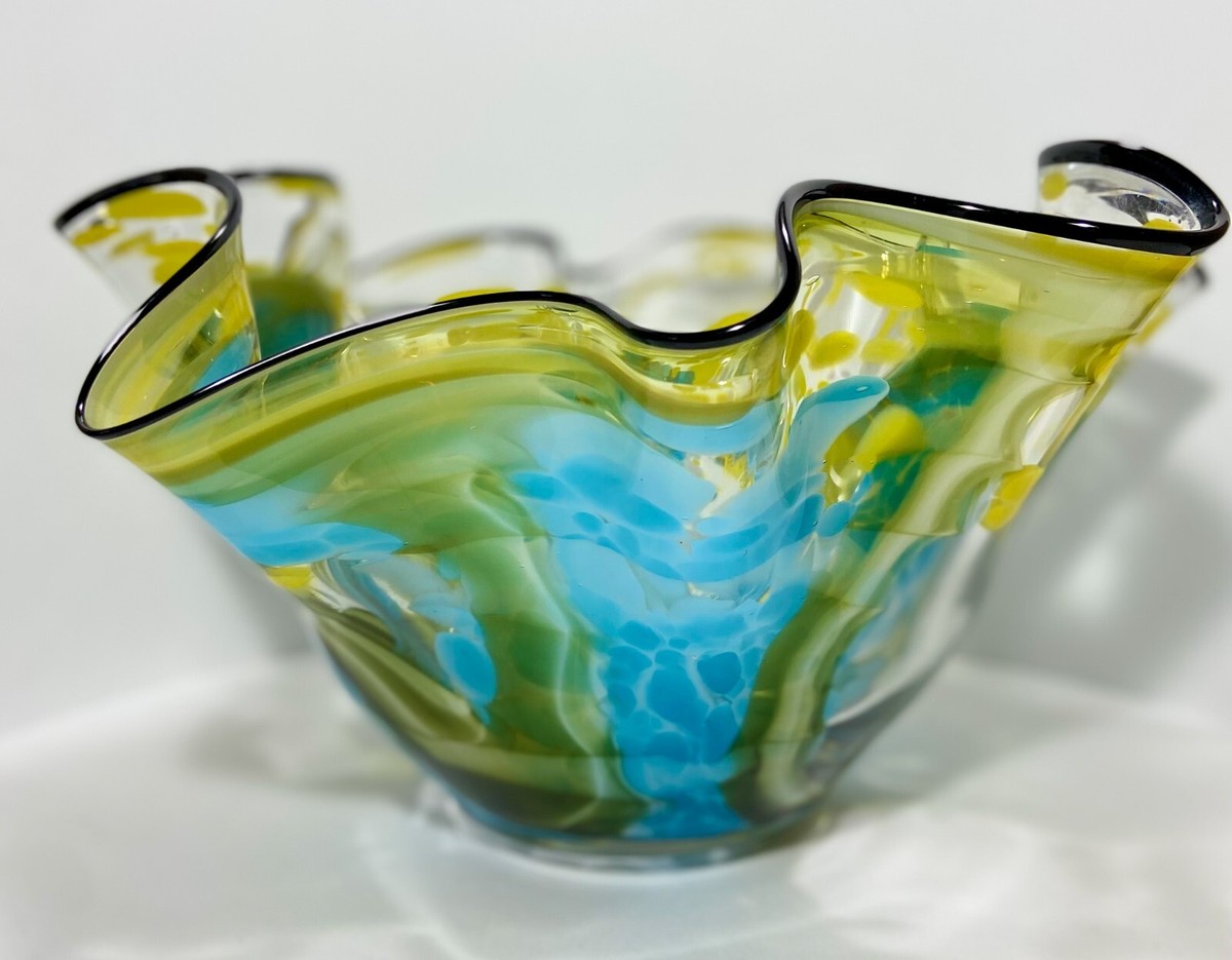Murano Ruffled Art Glass Bowl in Blue, Yellow and Green | eBay