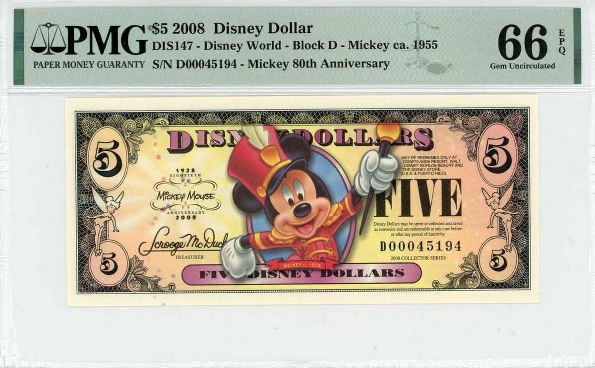 2008 $5 Disney Dollar Mickey ca. 1955 80th Anniv. PMG 66 EPQ