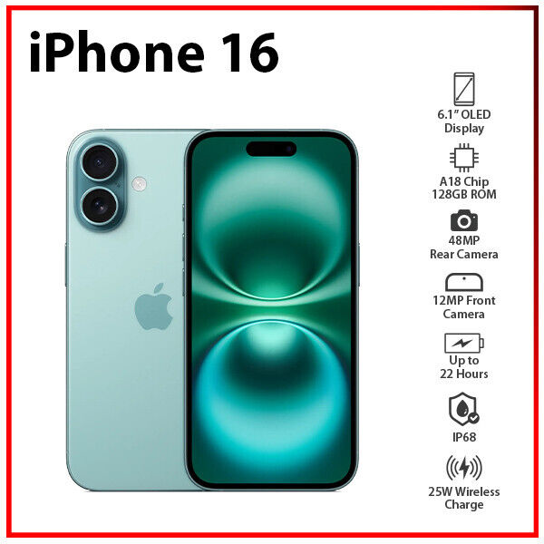 New) Apple iPhone 16 5G 8GB+128GB TEAL Dual SIM Unlocked iOS Cell
