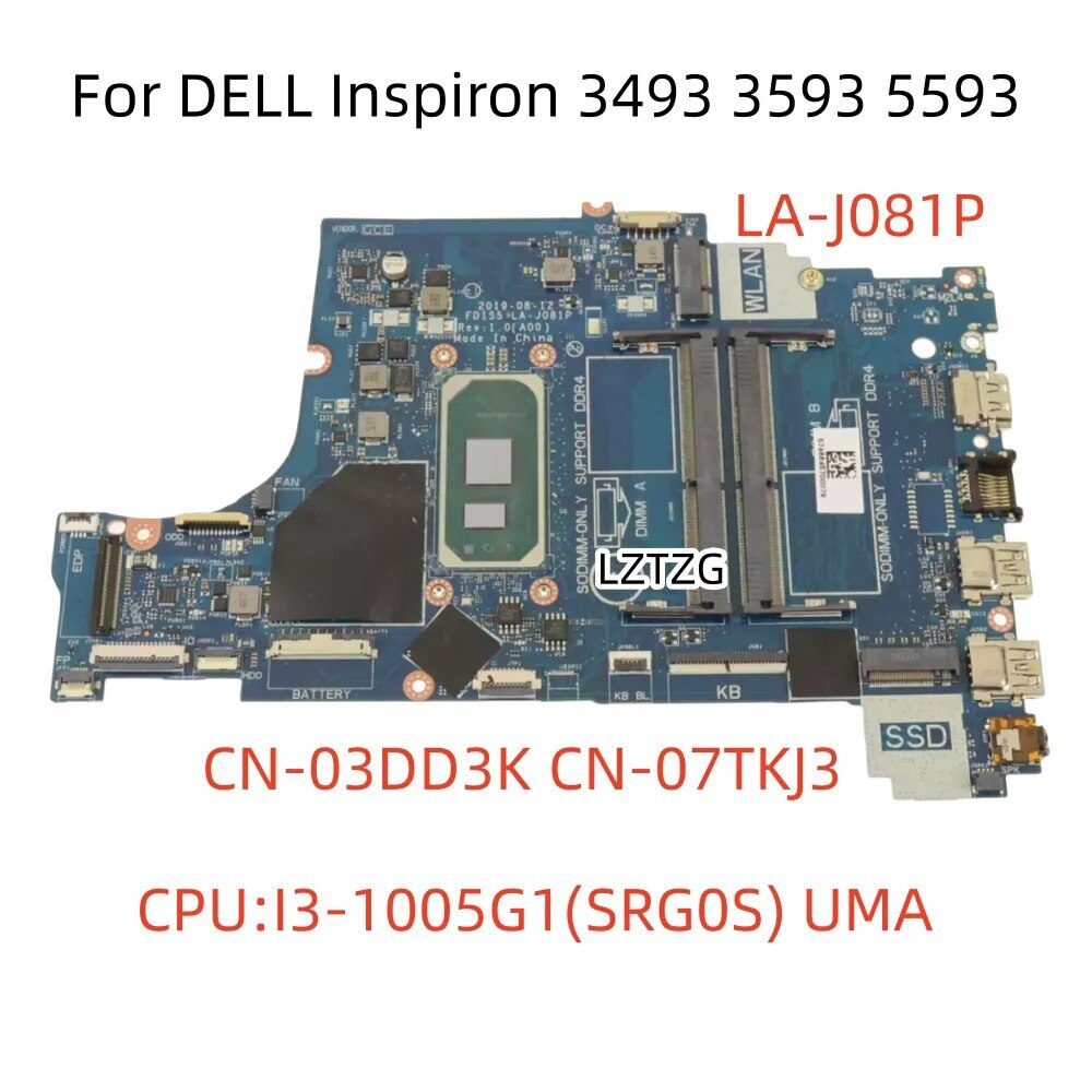 LA-J081P For DELL Inspiron 3493 3593 5593 Motherboard CPU I3