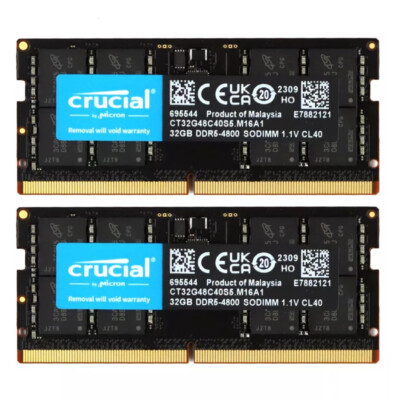New Crucial 64GB (2x32GB) DDR5-4800MHz PC5-38400 SODIMM Memory Ram