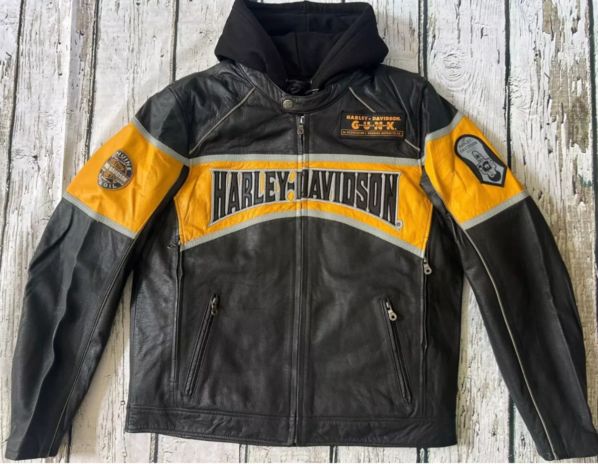 Harley Davidson Men's Moto Grip Yellow Black Leather Jacket Hoodie