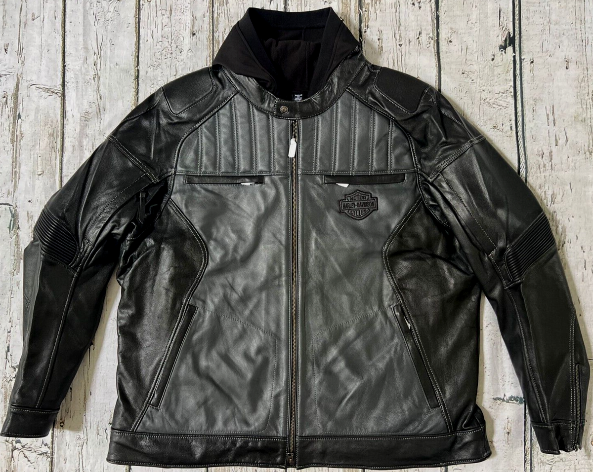 Harley Davidson Men's Reversion Black Grey Leather Jacket Hoodie