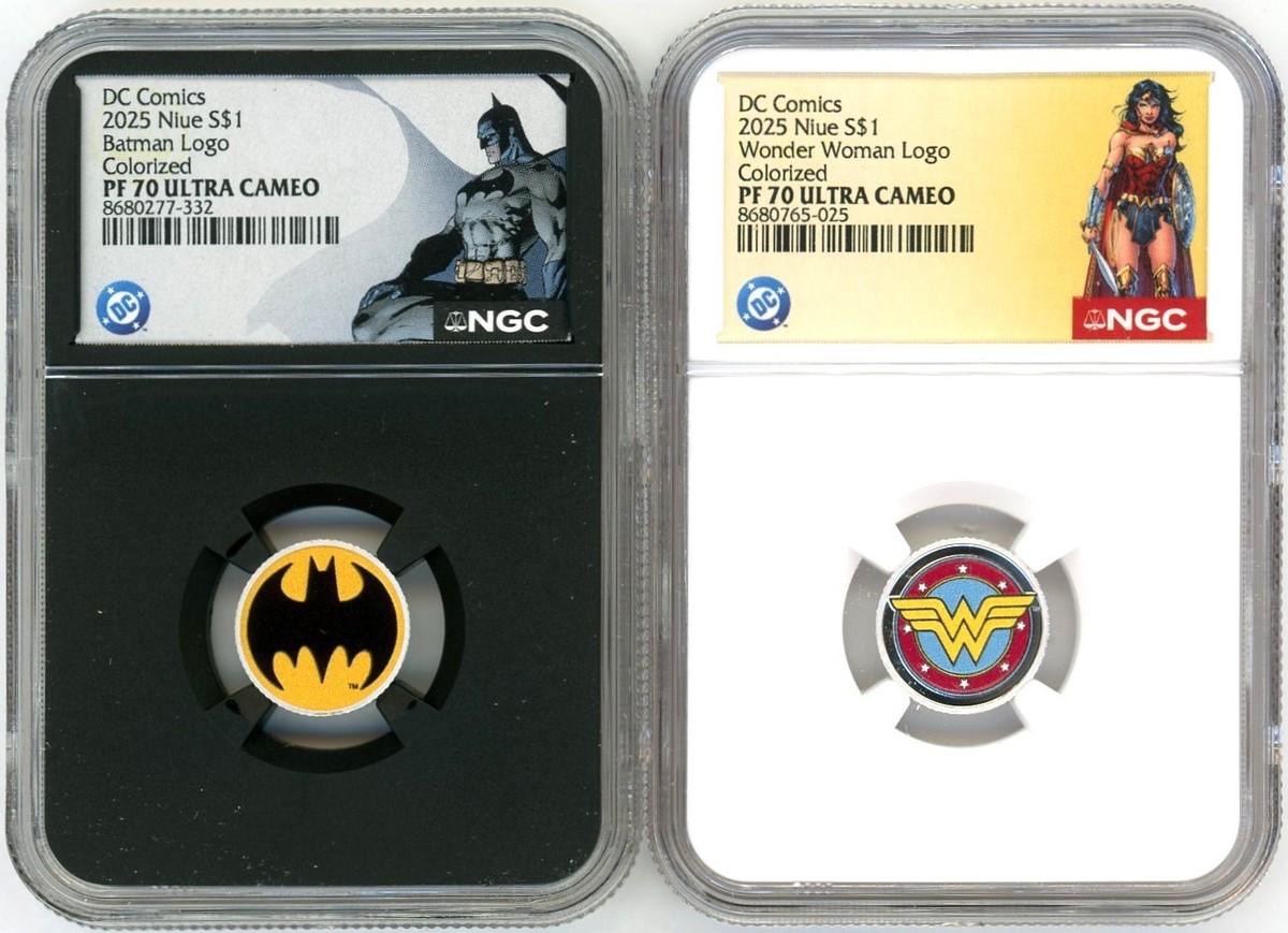 2025 $1 Silver Niue 1/10th DC Logos Batman & Wonder Woman PF70 NGC