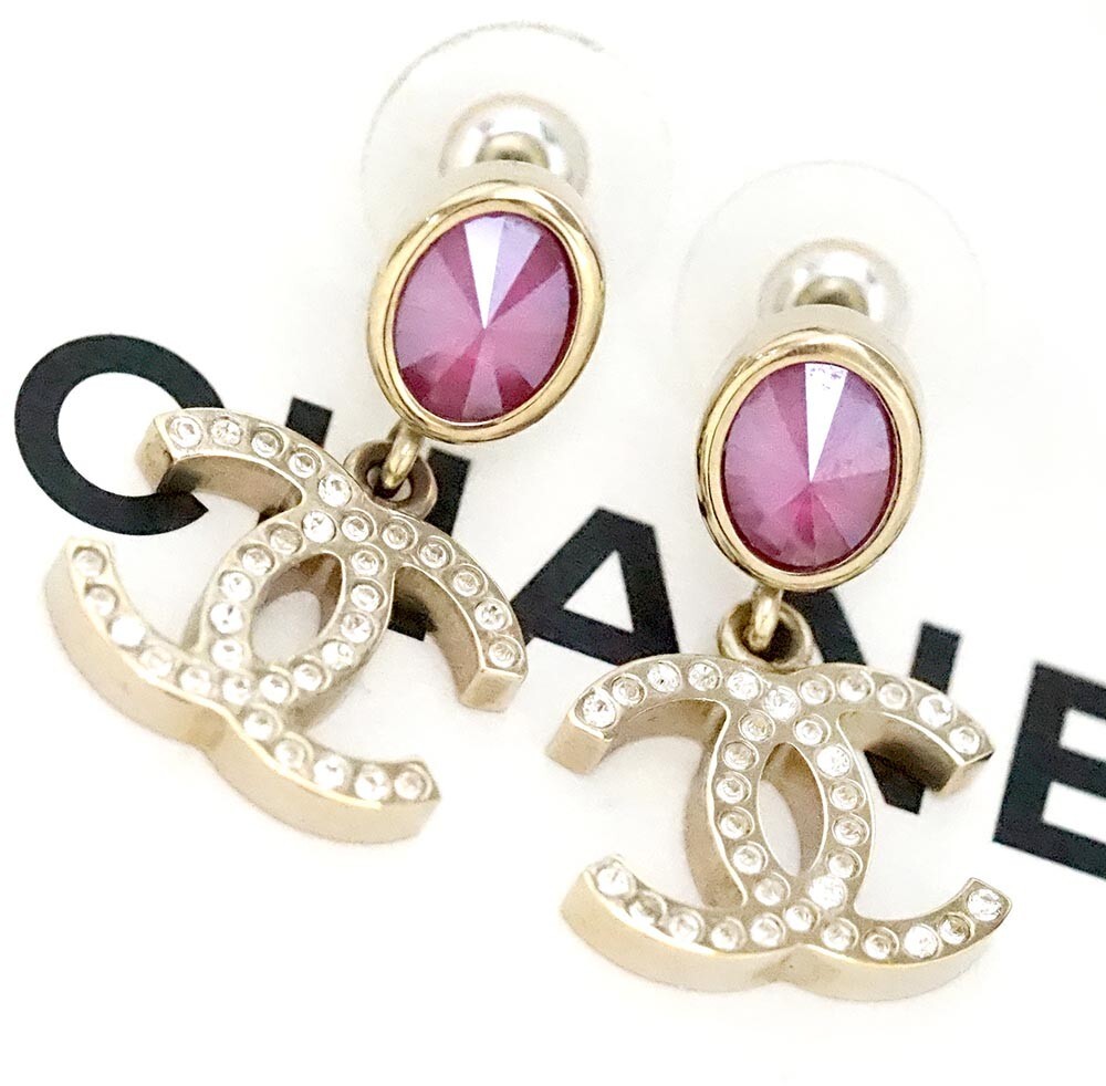 CHANEL CC Logos Pink Rhinestone Dangle Earrings Gold Tone B20C